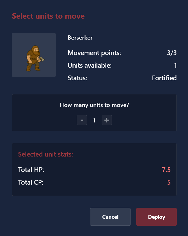 Unit movement selection showing different unit types
