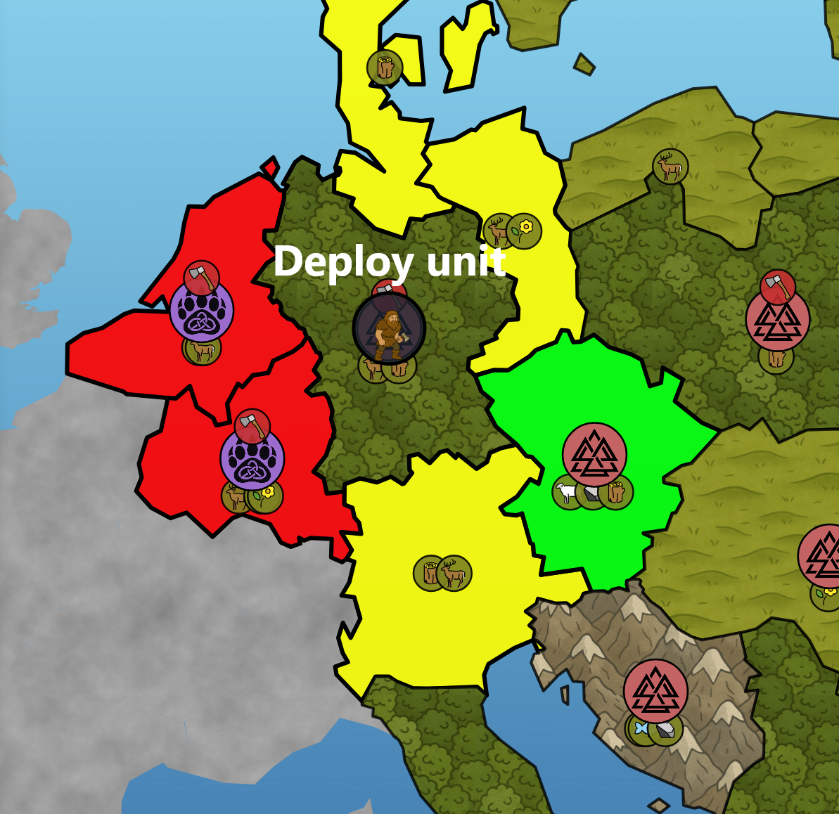 Map showing unit movement range with yellow, red, and green highlighting