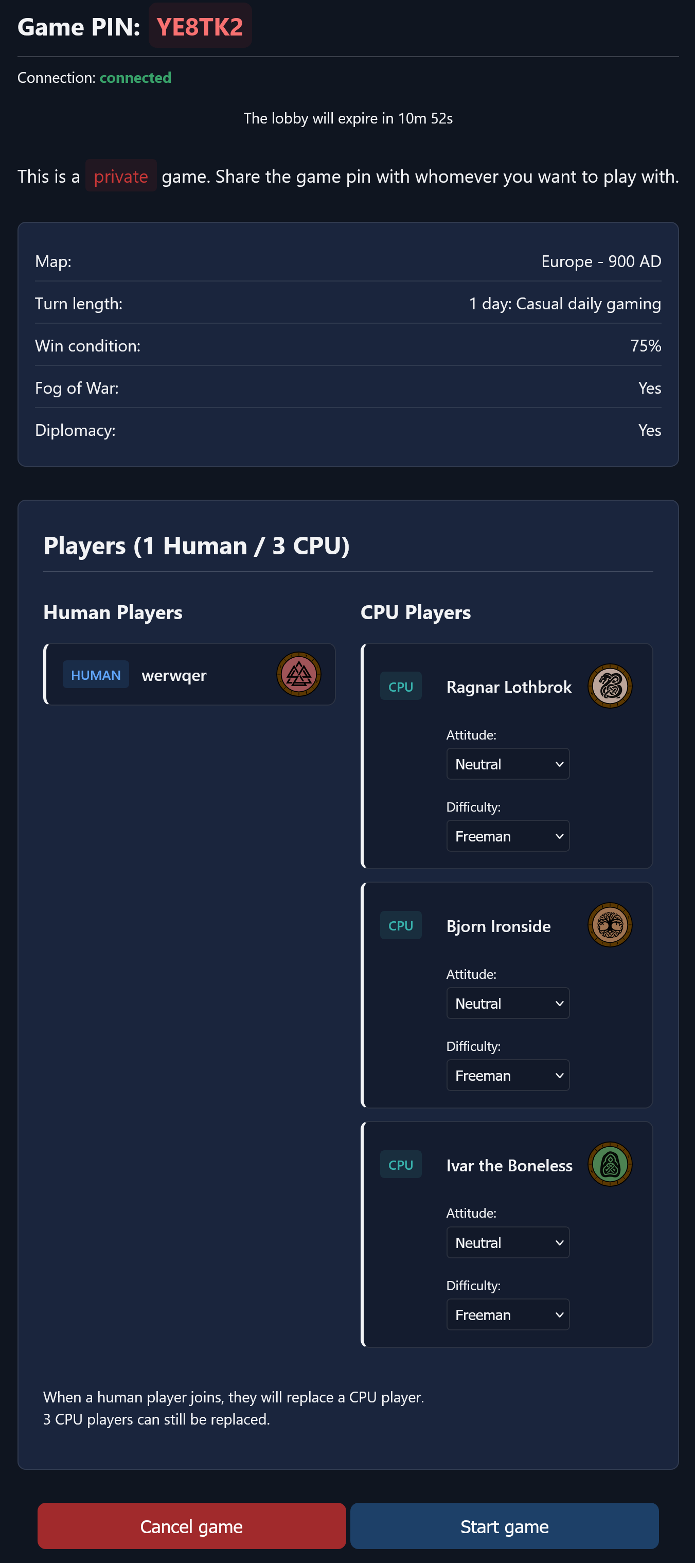 Game lobby interface with player list and CPU configuration options