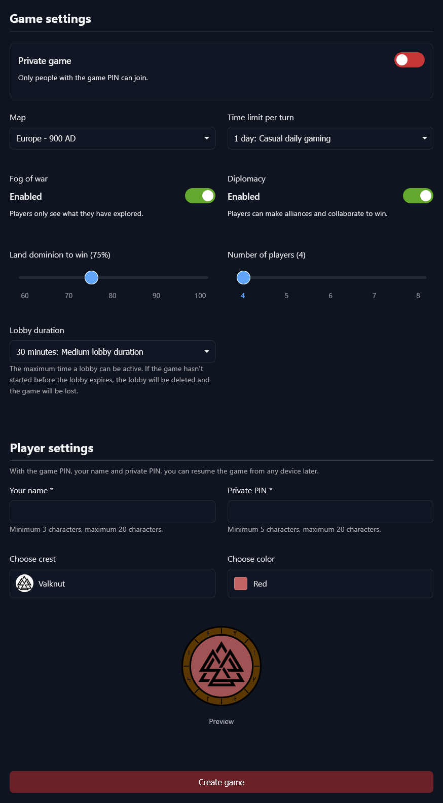 Complete game start interface showing all configuration options
